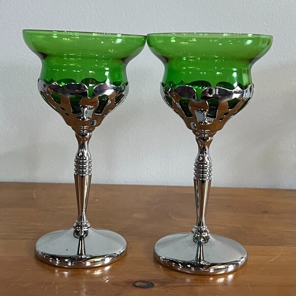 Vtg Set of 6 Wine Glasses/Goblets w/Colored Glass & Silver-Plated Stem & Base - Picture 4 of 11